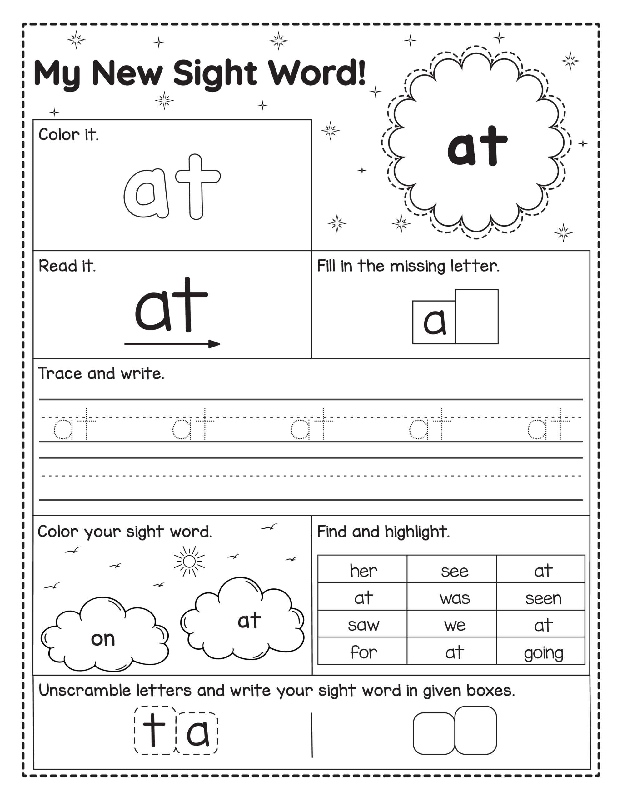 Werkblad om het Engelse woord at te oefenen. Kinderen lezen, kleuren, schrijven, letters invullen, zoeken en het woord vormen.