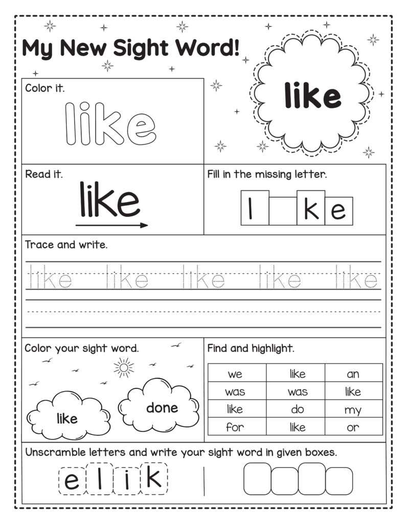 Werkblad om het Engelse woord like te oefenen. Kinderen lezen, kleuren, schrijven, letters invullen, zoeken en het woord vormen.