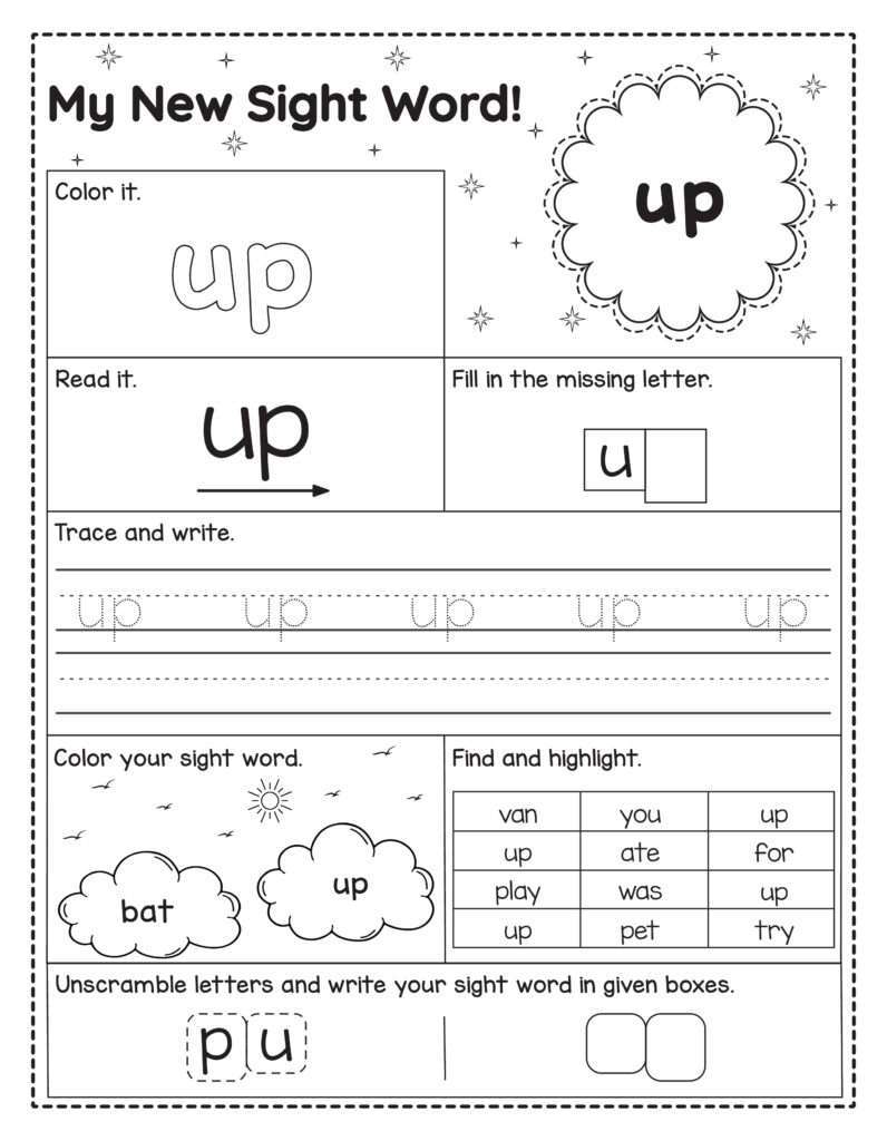 Engels sight word werkblad voor kinderen met het woord up om te lezen, schrijven, kleuren en oefenen