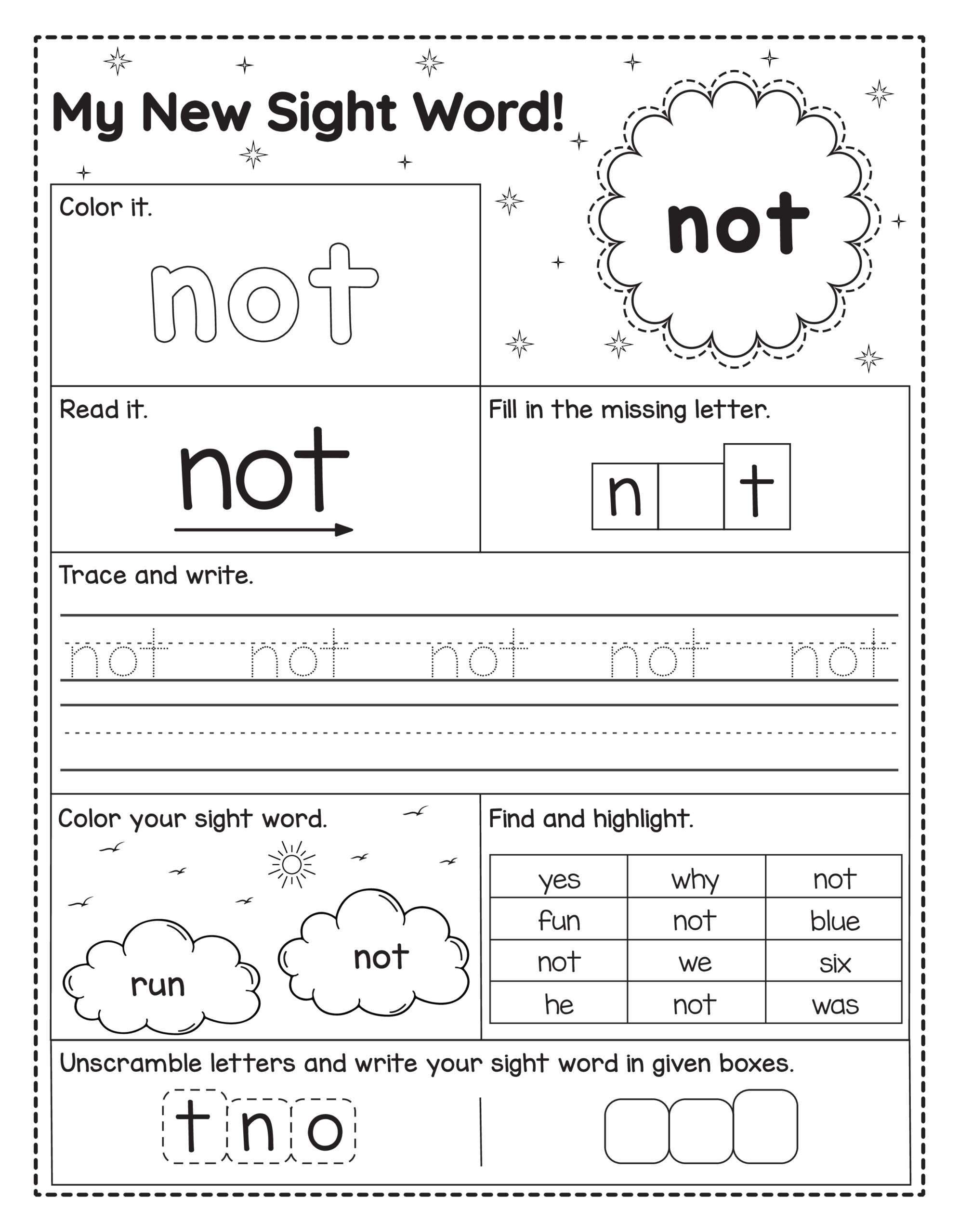 Werkblad om het Engelse woord not te oefenen. Kinderen lezen, kleuren, schrijven, letters invullen, zoeken en het woord vormen.