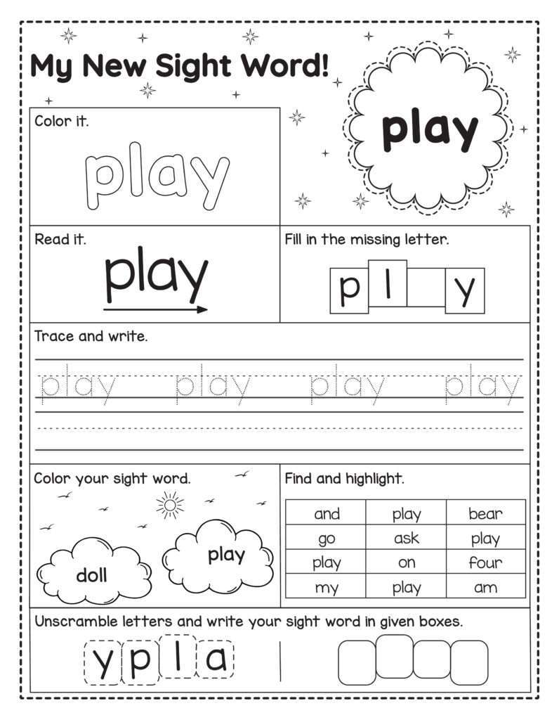 Engels sight word werkblad voor kinderen met het woord play om te lezen, schrijven, kleuren en oefenen