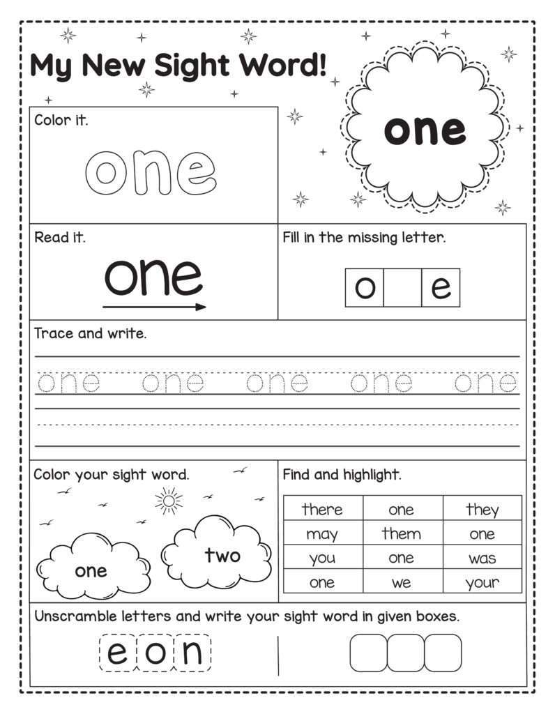 Werkblad om het Engelse woord one te oefenen. Kinderen lezen, kleuren, schrijven, letters invullen, zoeken en het woord vormen.