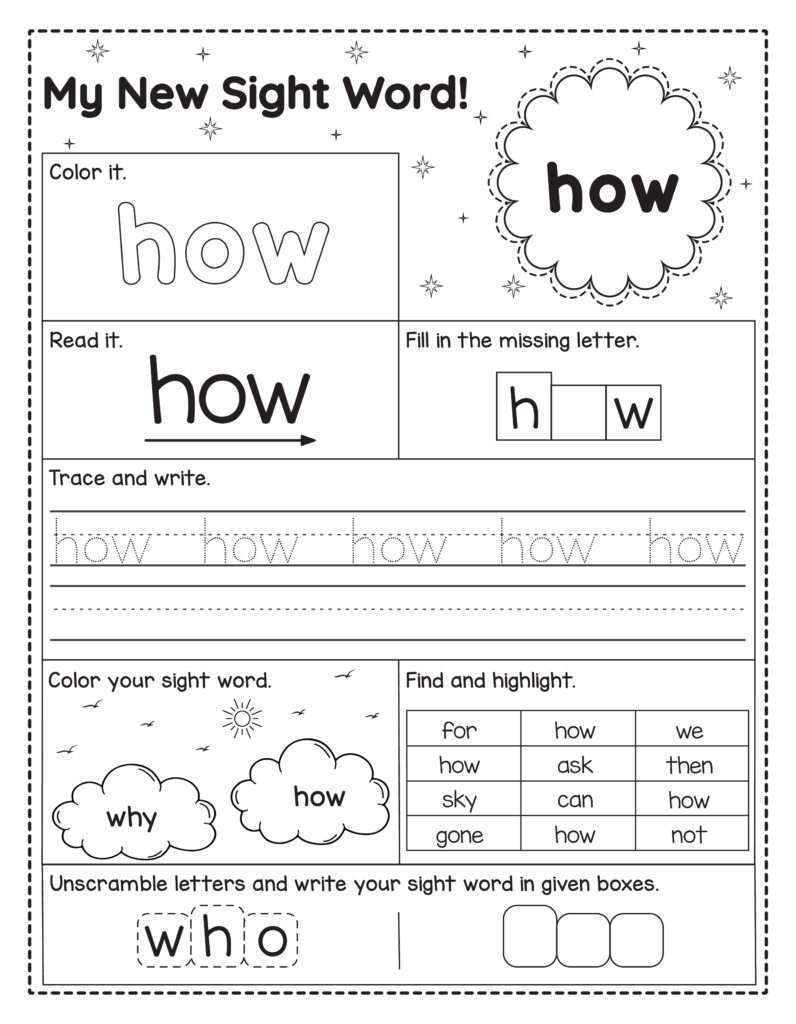 Engels sight word werkblad voor kinderen met het woord how om te lezen, schrijven, kleuren en oefenen