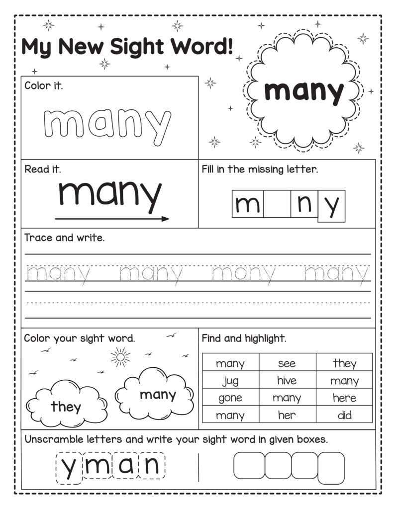 Engels sight word werkblad voor kinderen met het woord many om te lezen, schrijven, kleuren en oefenen