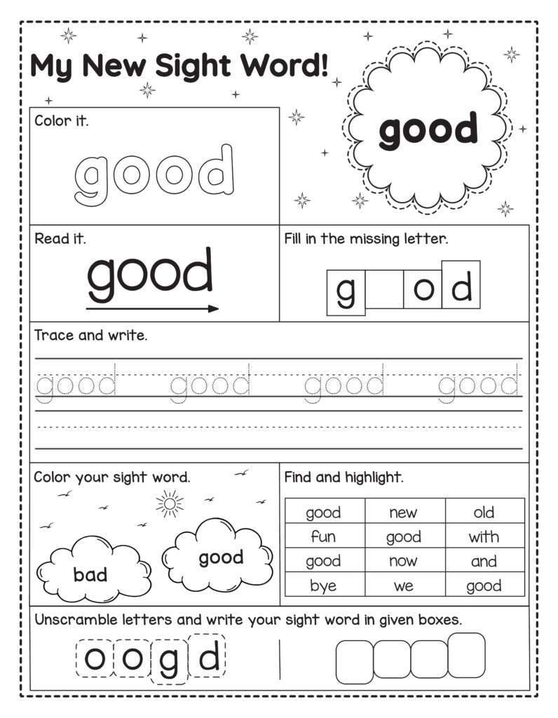 Engels sight word werkblad voor kinderen met het woord good om te lezen, schrijven, kleuren en oefenen