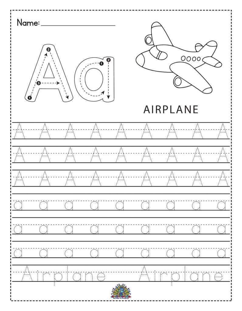Werkblad voor kleuters om de letter A te leren schrijven. Inclusief hoofdletter, kleine letter, en het woord airplane met een kleurplaat van een vliegtuig.
