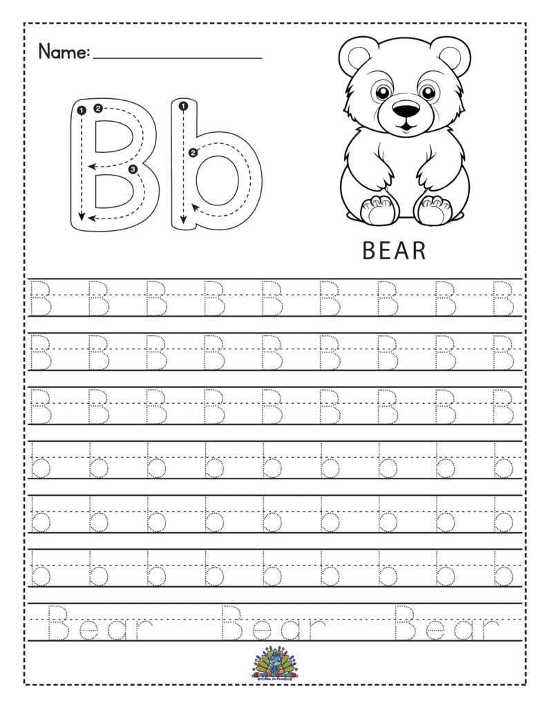 Alfabet werkblad voor kinderen met de letter B en het woord Bear om te leren schrijven en oefenen