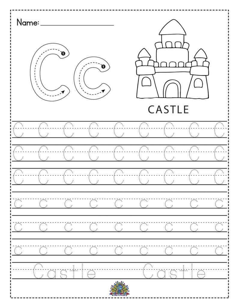 Letter C werkblad voor kinderen. Schrijfoefeningen voor hoofdletter C en kleine letter c, inclusief kleurplaat van een kasteel.