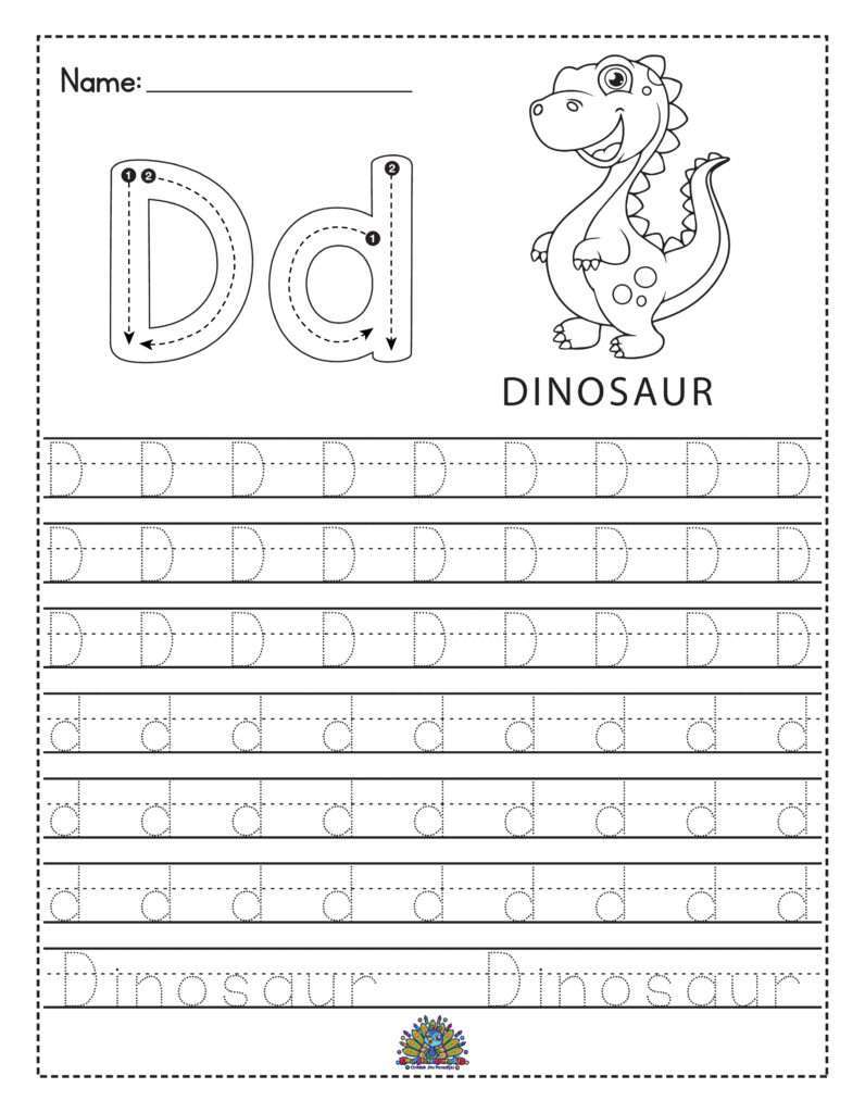 Alfabet werkblad voor kinderen met de letter D en het woord dinosaur om te leren schrijven en oefenen