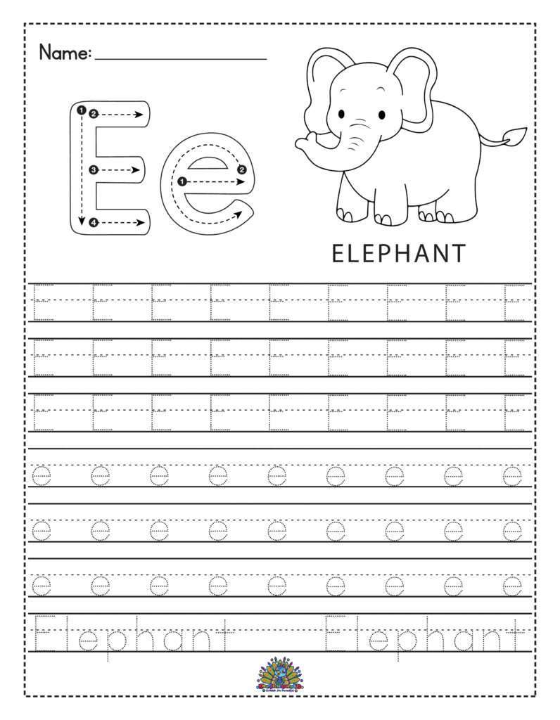 Alfabet werkblad voor kinderen met de letter E en het woord elephant om te leren schrijven en oefenen