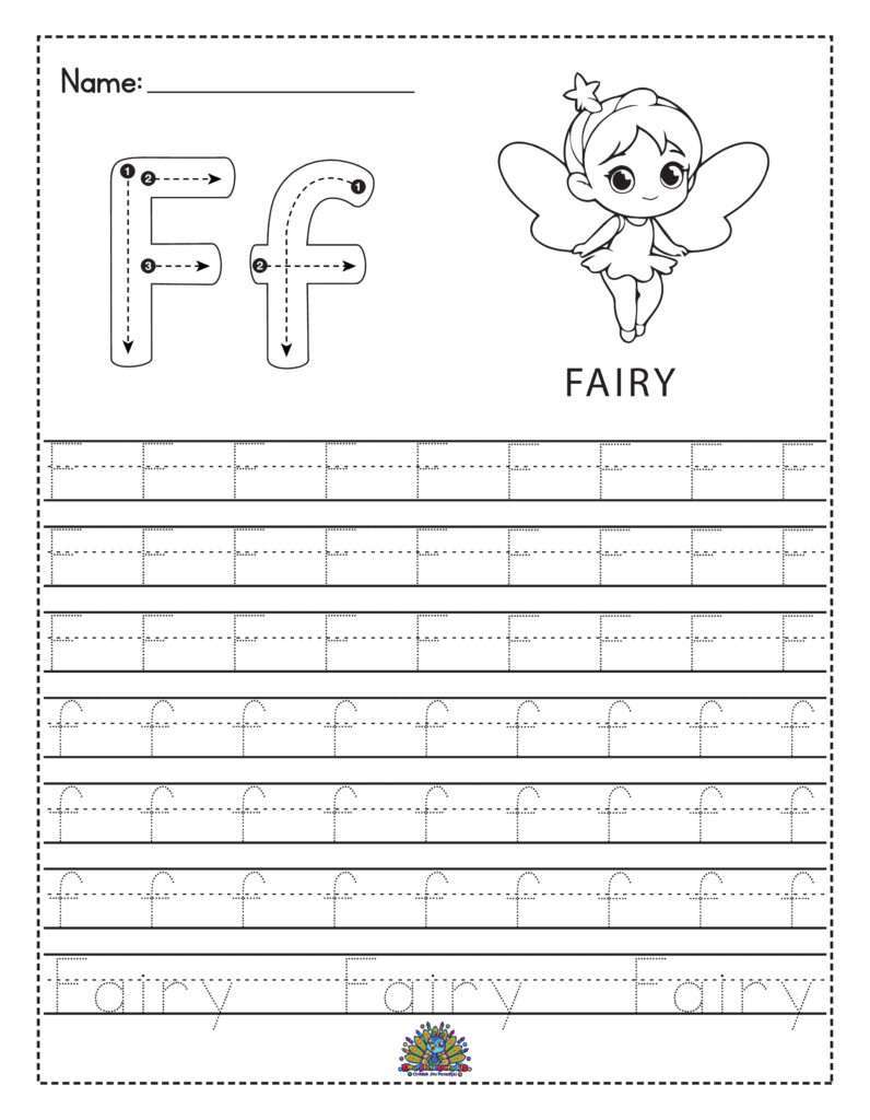 Alfabet werkblad voor kinderen met de letter F en het woord fairy om te leren schrijven en oefenen