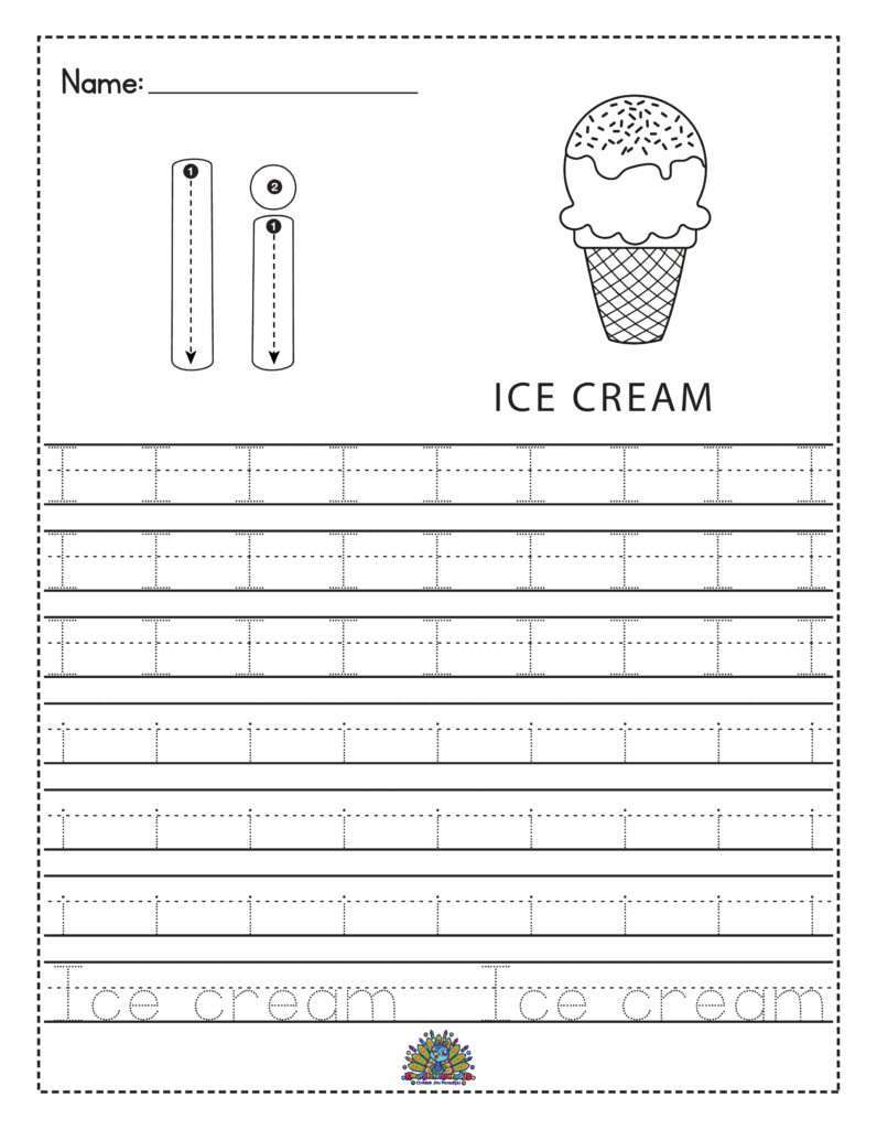 Alfabet werkblad voor kinderen met de letter I en het woord ice cream om te leren schrijven en oefenen