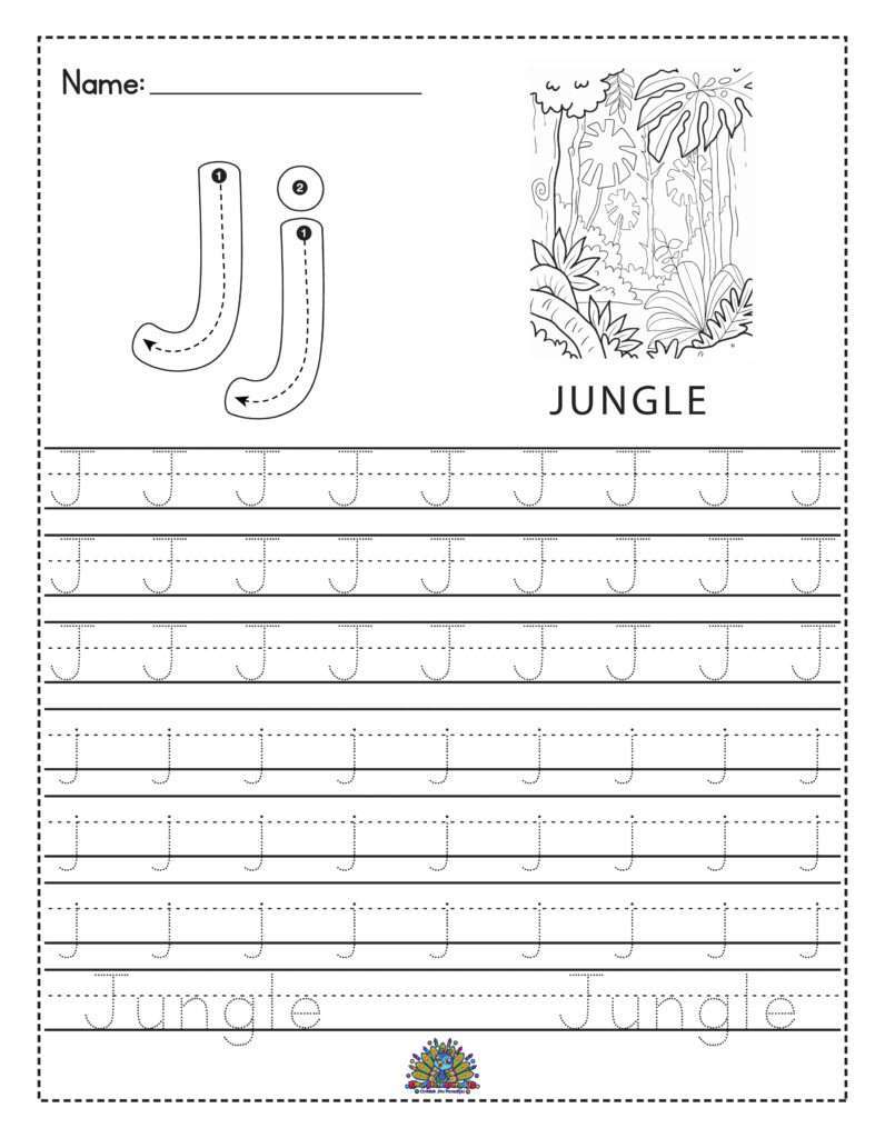 Alfabet werkblad voor kinderen met de letter J en het woord jungle om te leren schrijven en oefenen