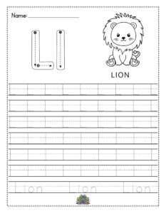 Werkblad voor kinderen om de letter L te leren schrijven met schrijfoefeningen en overtrekken. Inclusief leeuw illustratie.