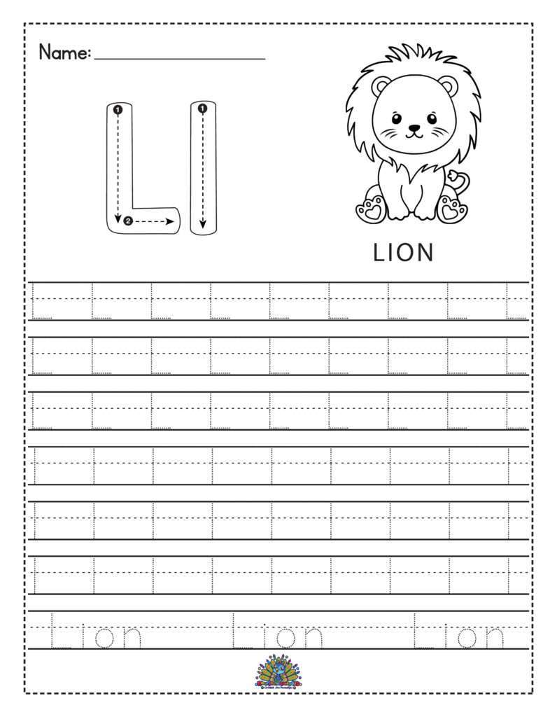 Werkblad voor kinderen om de letter L te leren schrijven met schrijfoefeningen en overtrekken. Inclusief leeuw illustratie.
