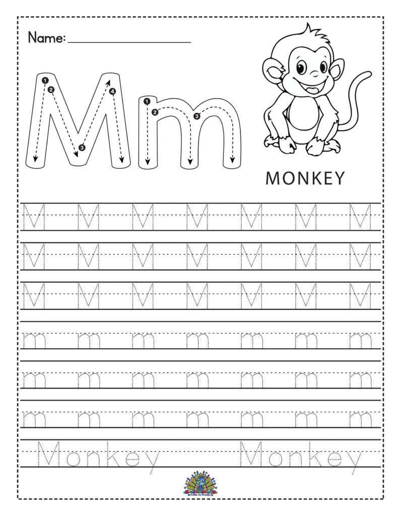 Werkblad voor kinderen om de letter M te leren schrijven met schrijfoefeningen en overtrekken. Inclusief aap illustratie.