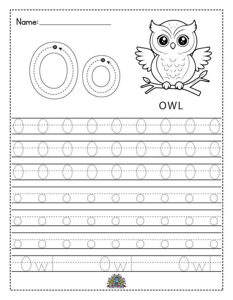 Educatief werkblad voor kinderen om de letter O te leren schrijven met overtrekoefeningen en schrijfruimte. Inclusief uil illustratie.