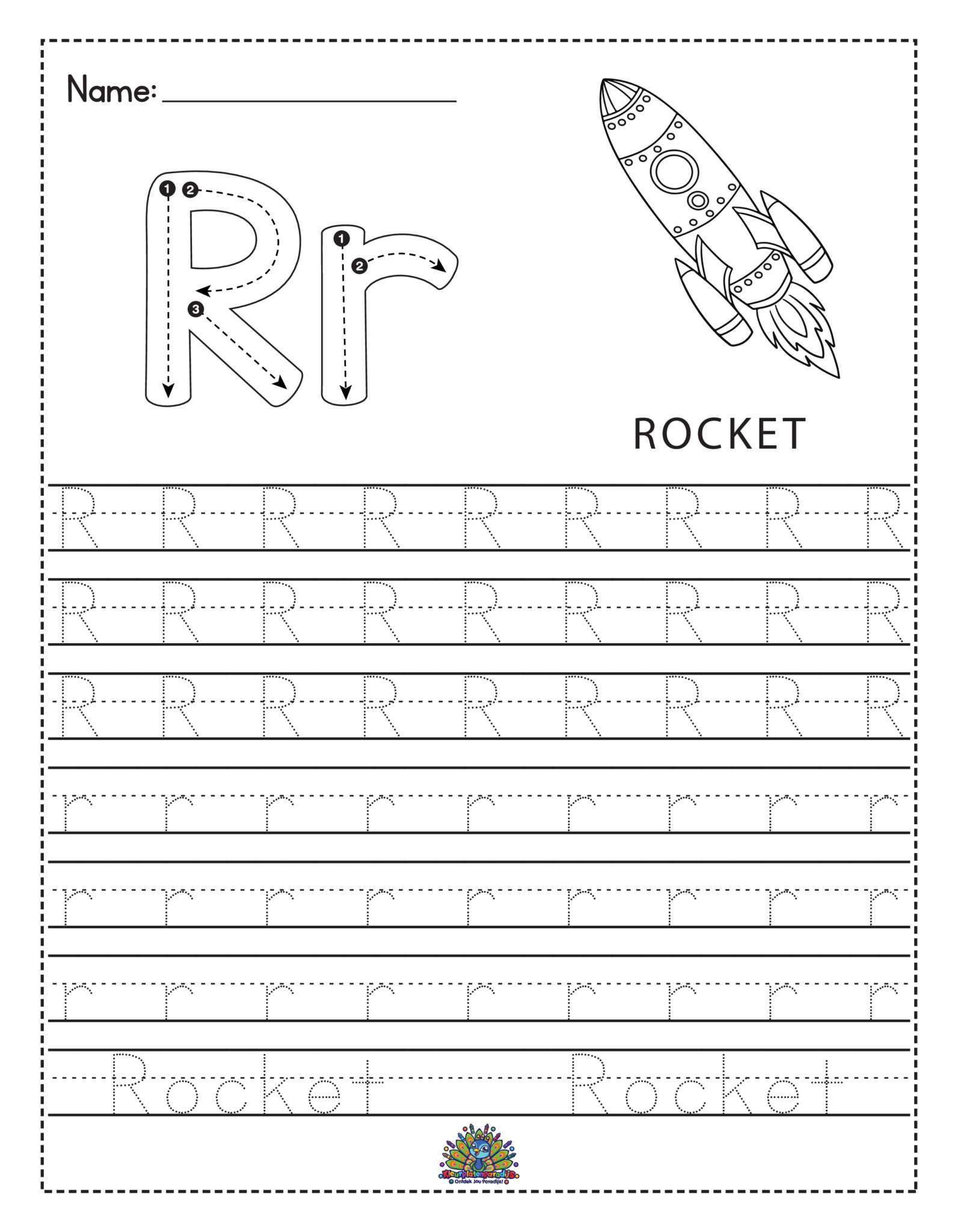 Letter R oefenen – gratis werkblad om te leren schrijven