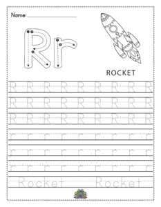 Educatief werkblad voor kinderen om de letter R te leren schrijven met overtrekoefeningen en schrijfruimte. Inclusief raket illustratie.