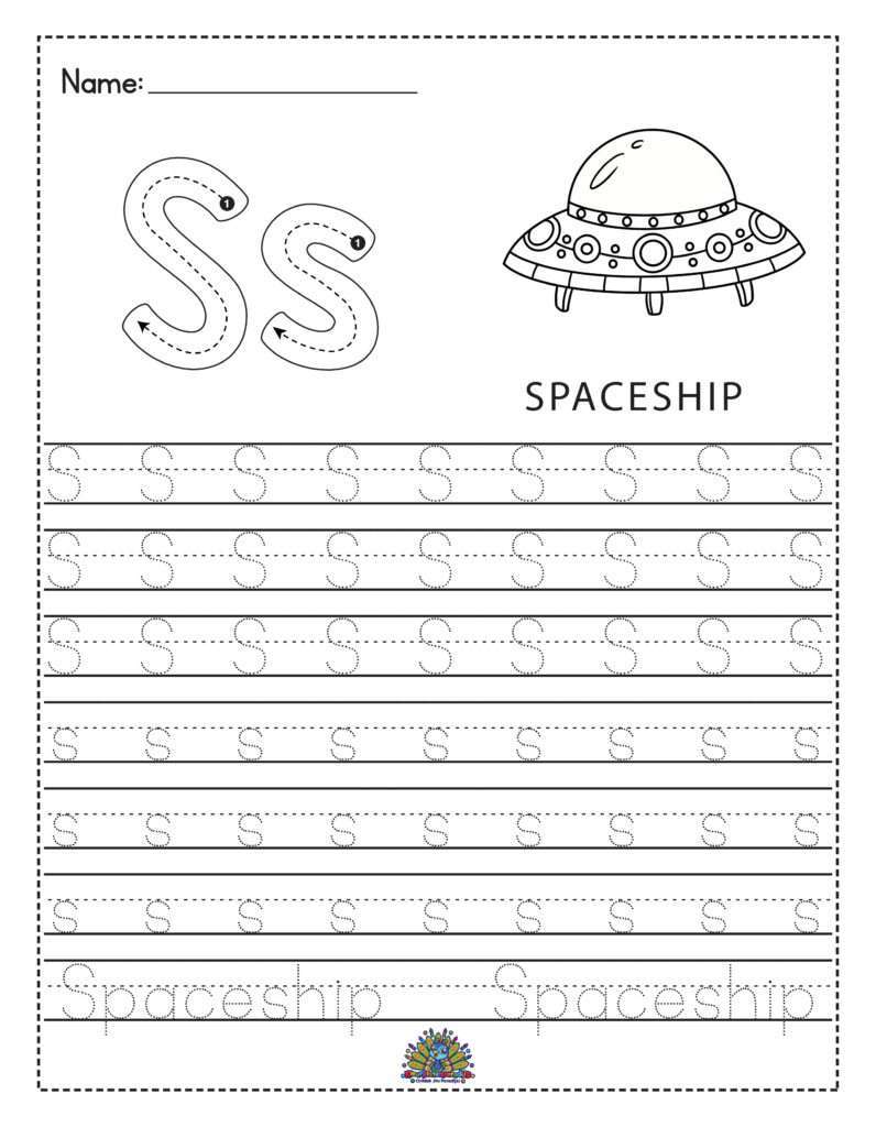 Educatief werkblad voor kinderen om de letter S te leren schrijven met overtrekoefeningen en schrijfruimte. Inclusief spaceship als illustratie.