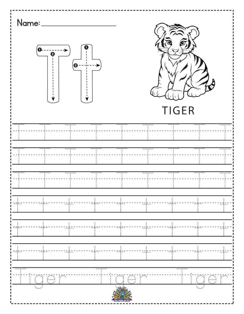 Educatief werkblad voor kinderen om de letter T te leren schrijven met overtrekoefeningen en schrijfruimte. Inclusief tijger als illustratie.