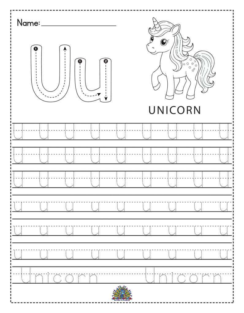 Educatief werkblad voor kinderen om de letter U te leren schrijven met overtrekoefeningen en schrijfruimte. Afbeelding van een unicorn erbij.