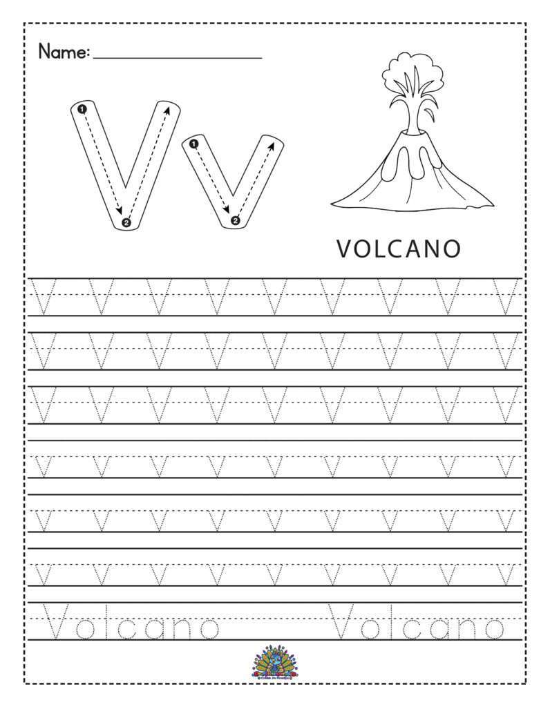 Educatief werkblad met de letter V en een vulkaan, inclusief schrijfoefeningen voor kinderen.