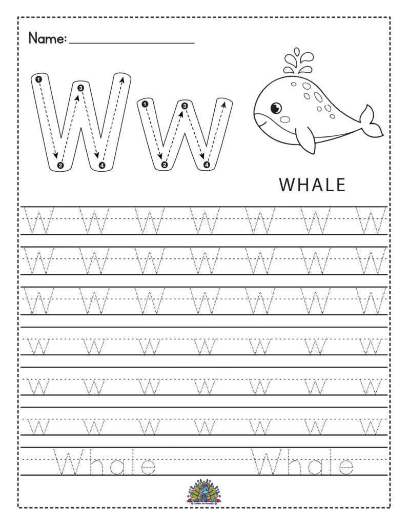 Educatief werkblad met de letter W en een walvis, inclusief schrijfoefeningen voor kinderen.