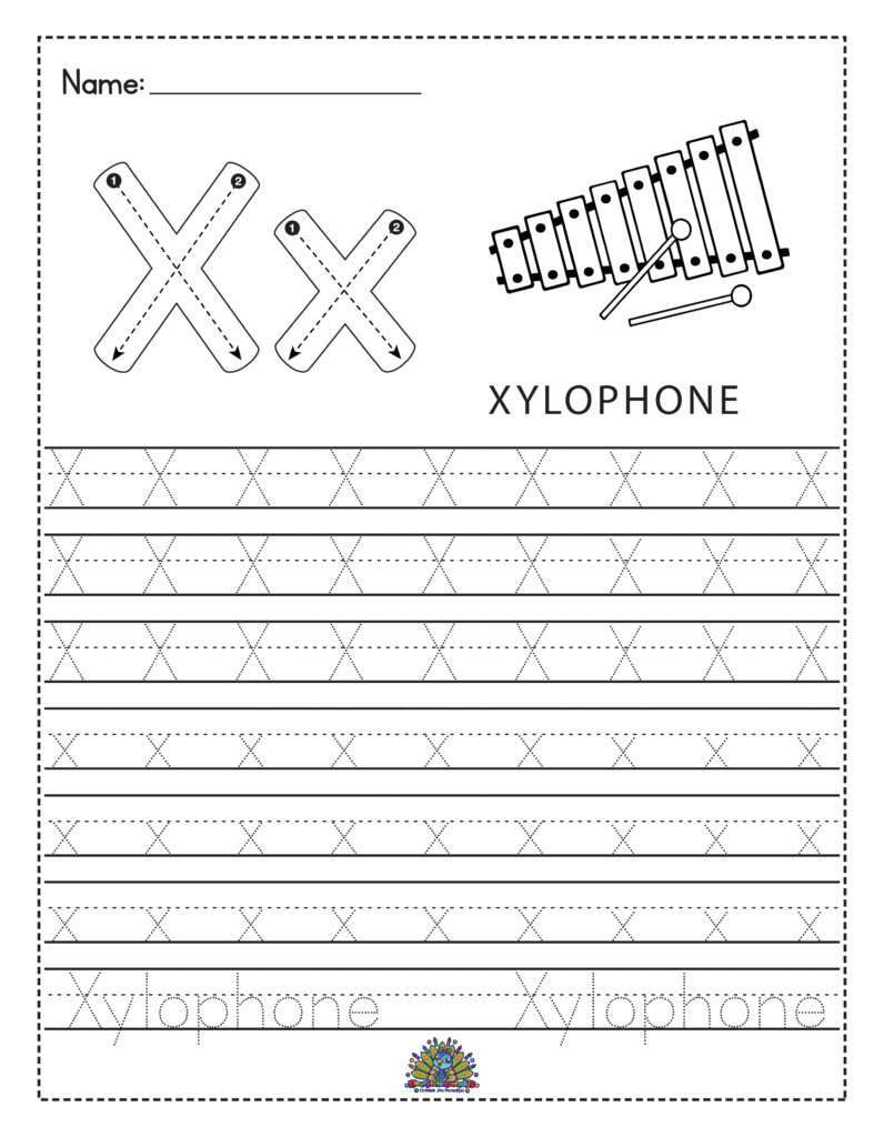 Educatief werkblad met de letter X en een xylofoon, inclusief schrijfoefeningen voor kinderen.