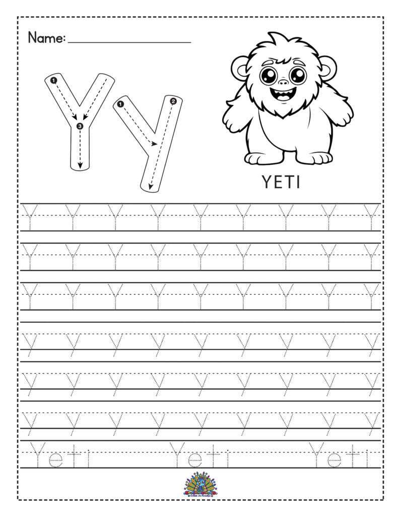 Educatief werkblad met de letter Y en een yeti, inclusief schrijfoefeningen voor kinderen.
