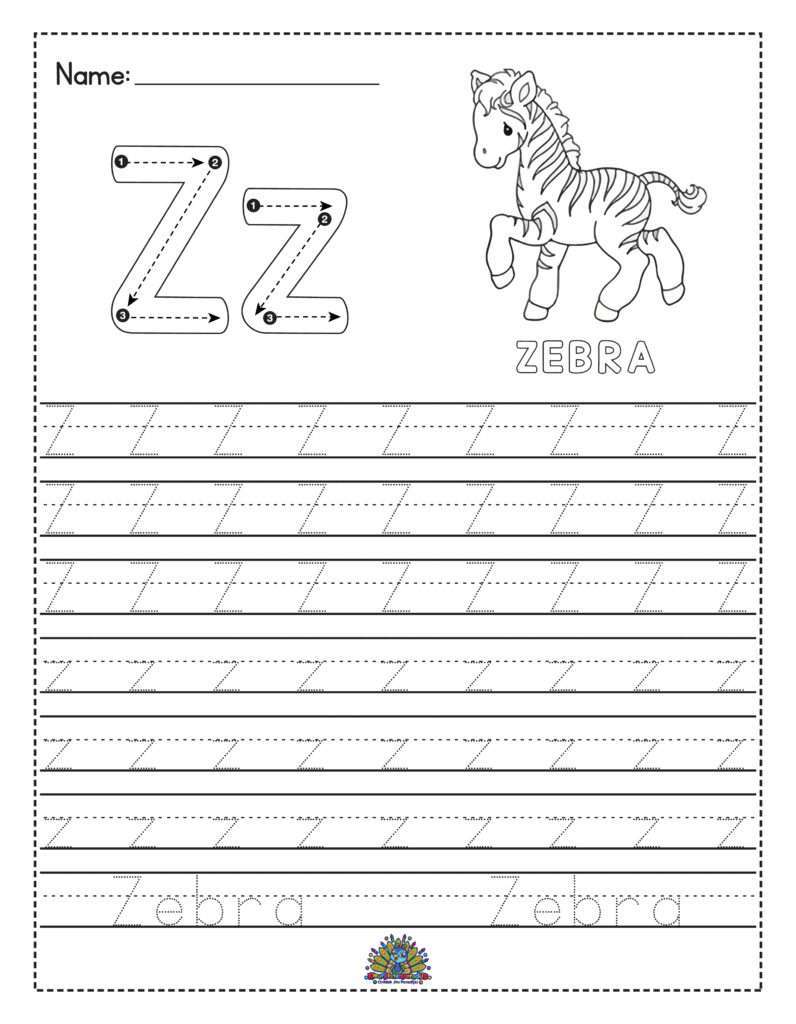 Educatief werkblad met de letter Z en een zebra, inclusief schrijfoefeningen voor kinderen.