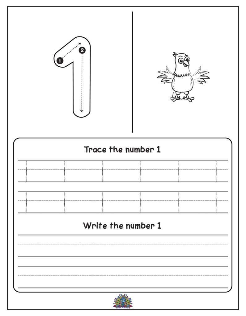 Educatief werkblad voor kinderen om het cijfer 1 te leren schrijven met overtrekoefeningen en schrijfruimte.