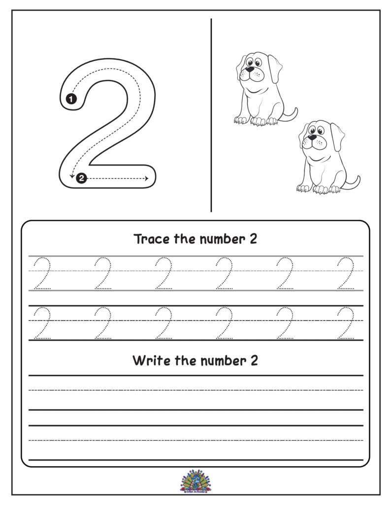 Educatief werkblad voor kinderen om het cijfer 2 te leren schrijven met overtrekoefeningen en schrijfruimte.