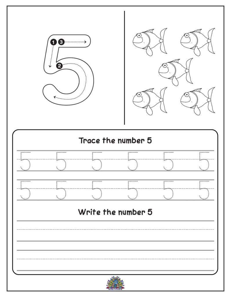 Educatief werkblad voor kinderen om het cijfer 5 te leren schrijven met overtrekoefeningen en schrijfruimte. Inclusief vijf vissen als telvoorbeeld.