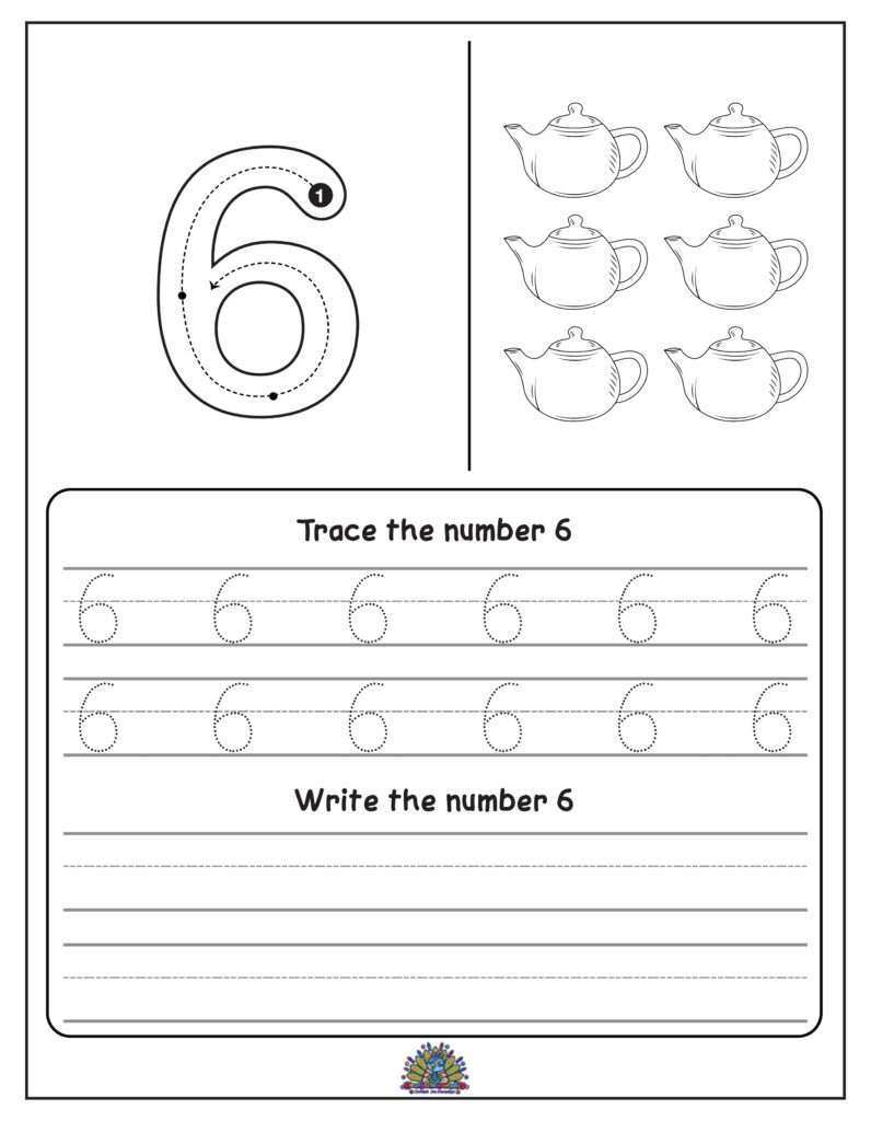 Educatief werkblad voor kinderen om het cijfer 6 te leren schrijven met overtrekoefeningen en schrijfruimte. Inclusief zes theepotten als telvoorbeeld.