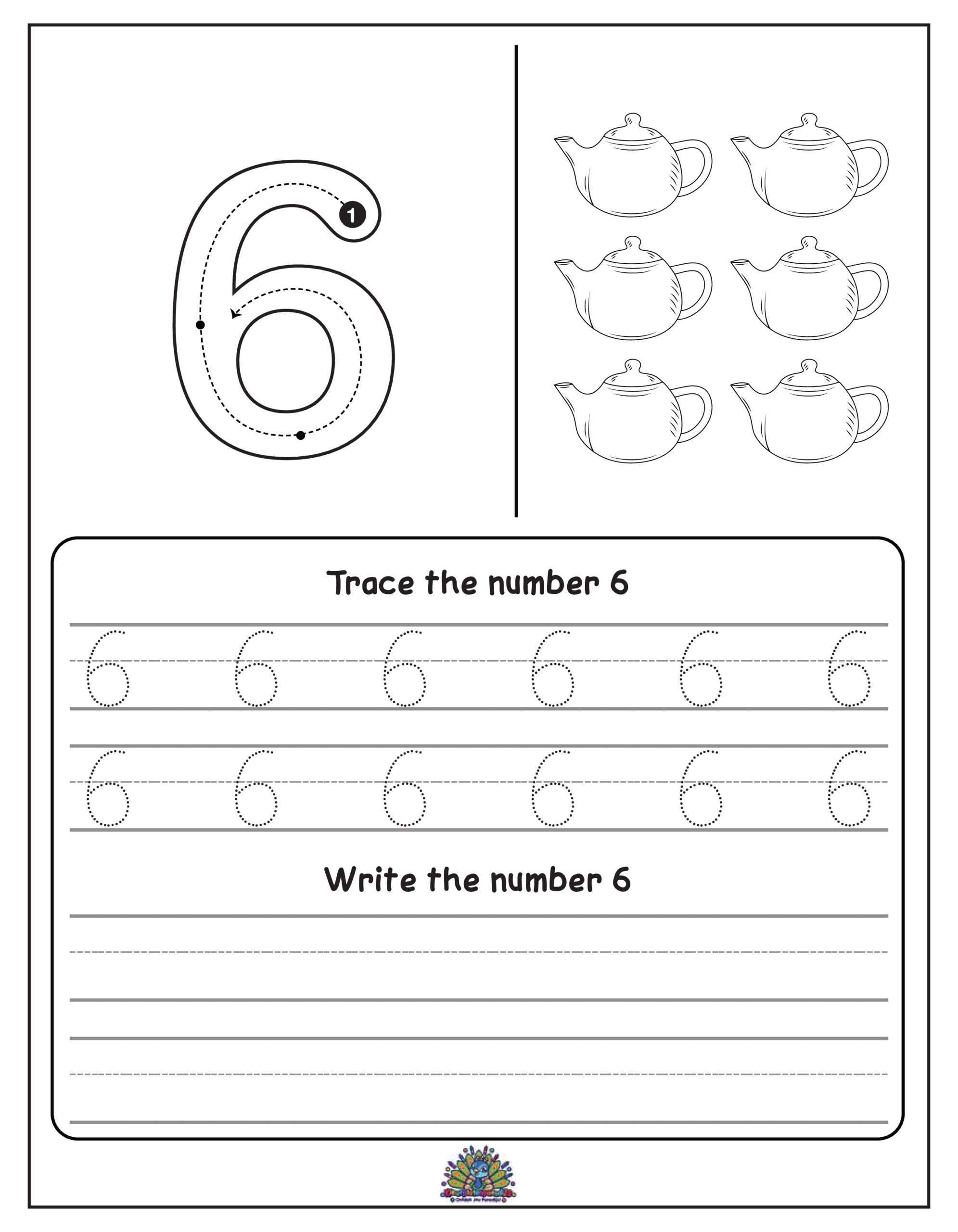 Educatief werkblad voor kinderen om het cijfer 6 te leren schrijven met overtrekoefeningen en schrijfruimte. Inclusief zes theepotten als telvoorbeeld.