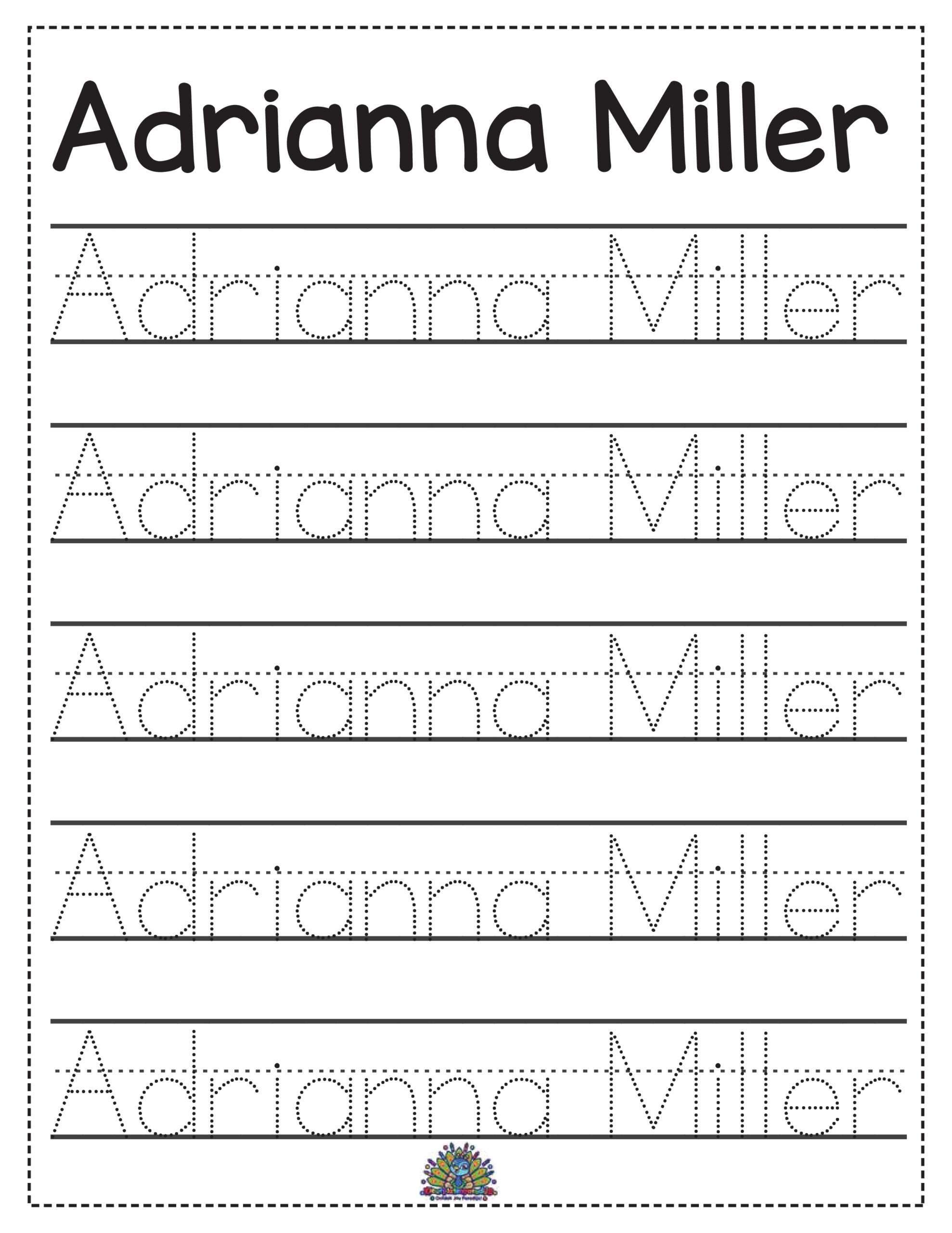 Werkblad naam schrijven Adrianna Miller – overtrekken en oefenen
