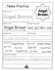 Werkblad voor kinderen om de naam Angel Brown te leren schrijven met kleur-, lees- en schrijfoefeningen.