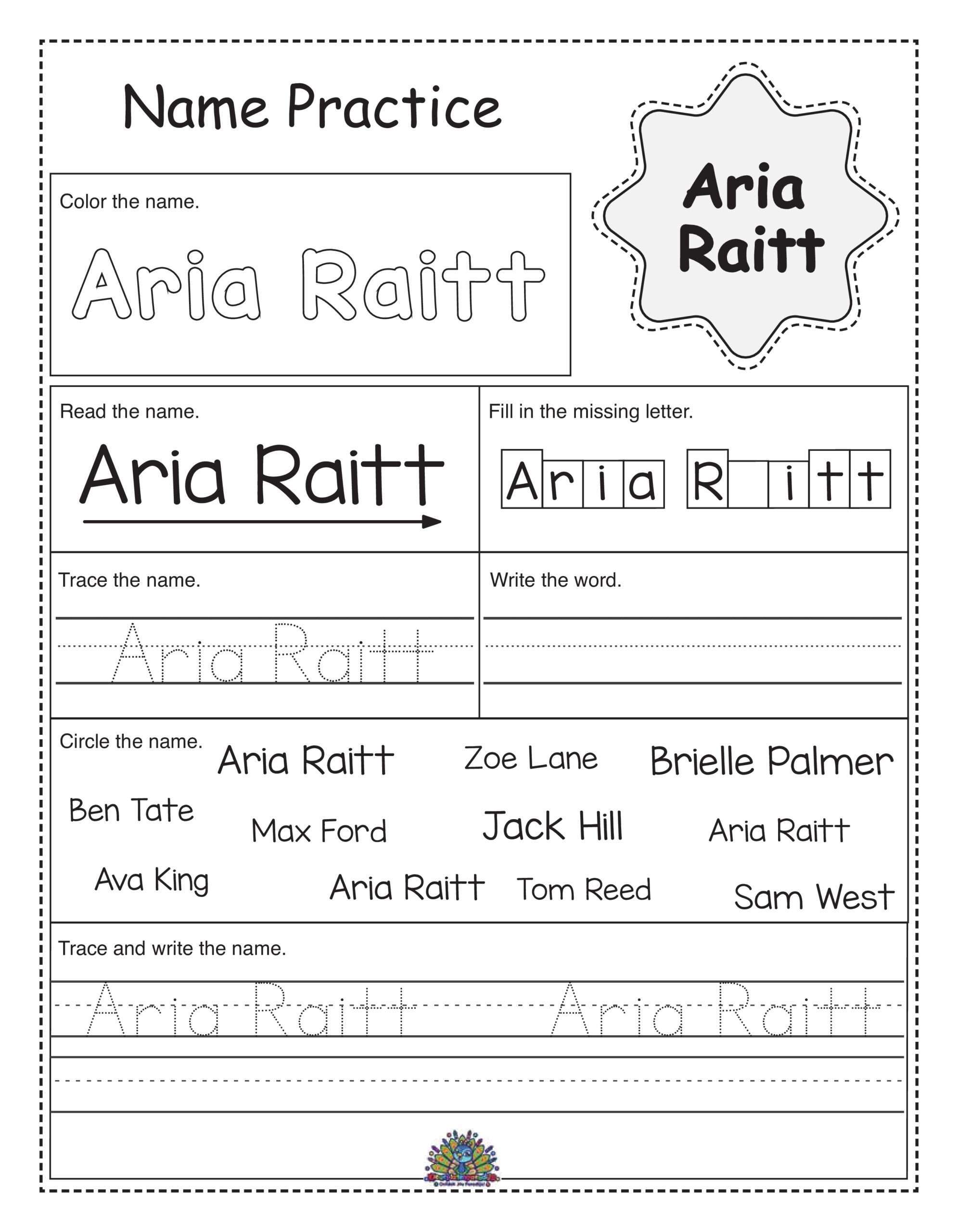 Naam schrijfoefenblad voor Aria Raitt. Kinderen oefenen de naam schrijven door te kleuren, traceren, letters in te vullen en schrijven.
