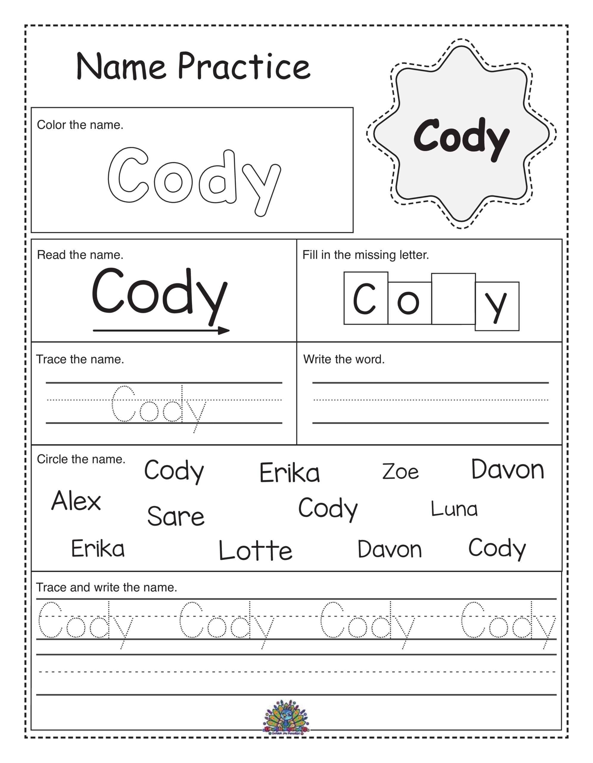 Werkblad naam Cody – leren lezen, schrijven en letters aanvullen