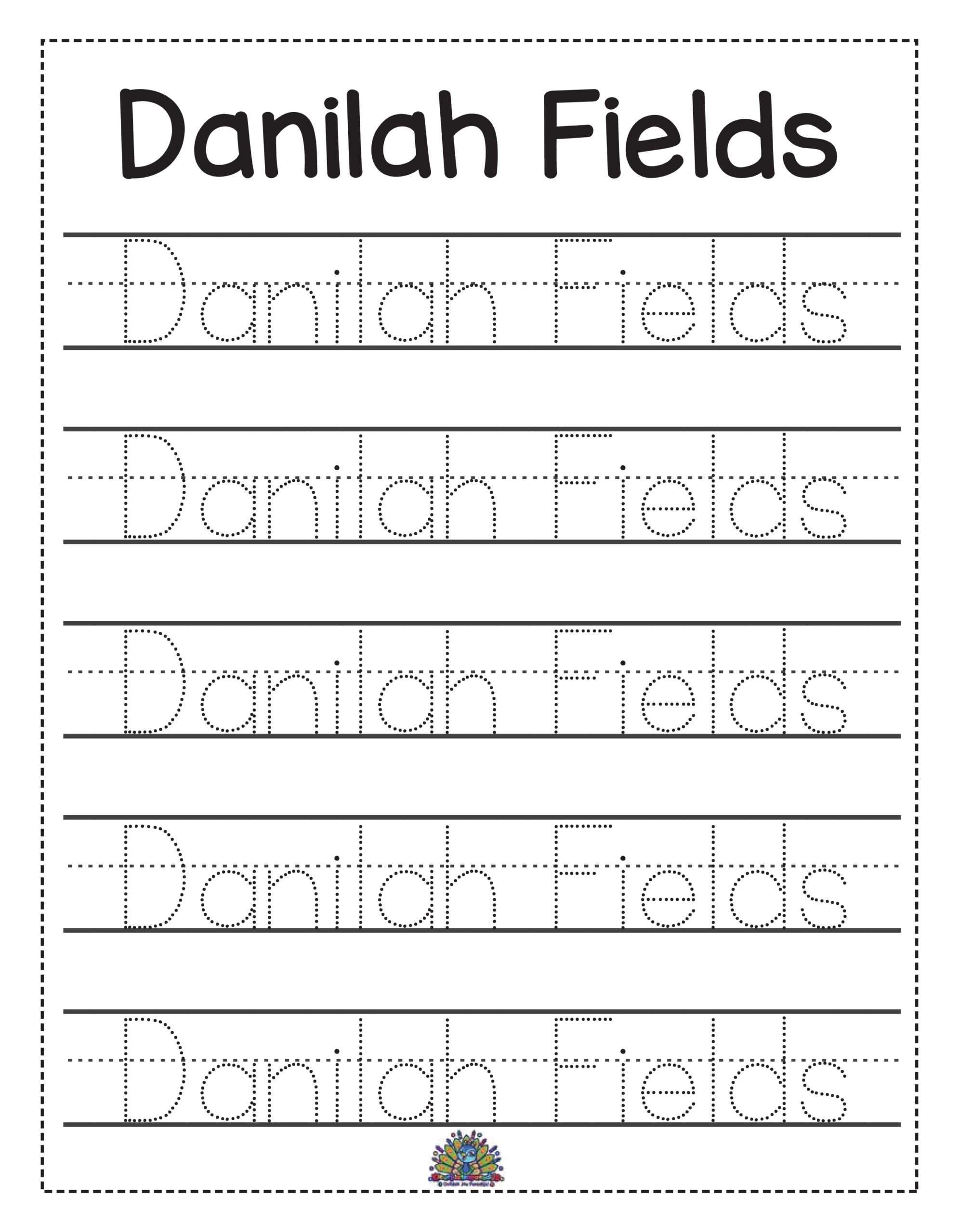 Gratis schrijfoefenblad met de naam Danilah Fields – ideaal voor kinderen die leren schrijven
