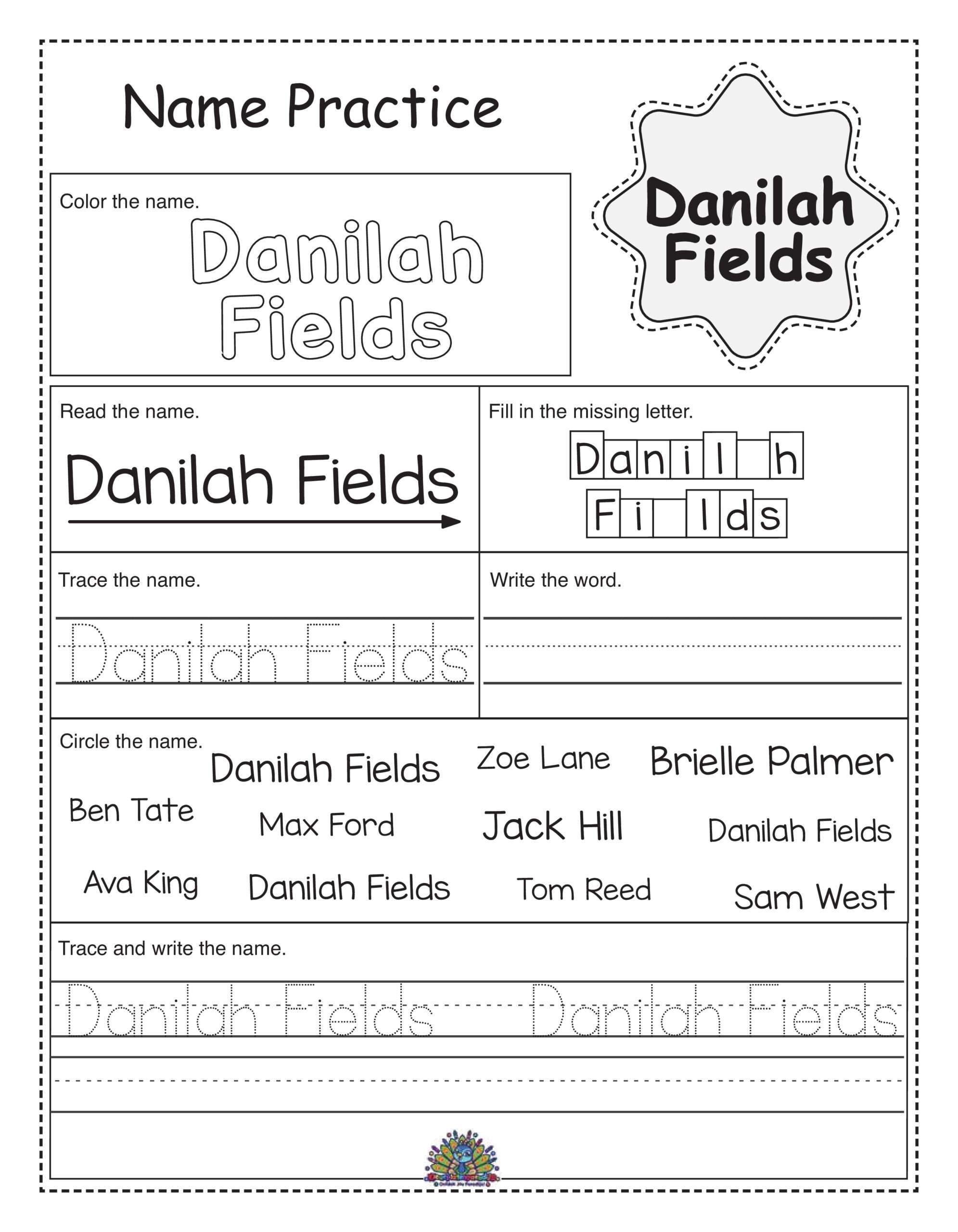 Werkblad met schrijflijnen en de naam Danilah Fields in stippellijn-lettertype, ideaal om te oefenen met schrijven en fijne motoriek.