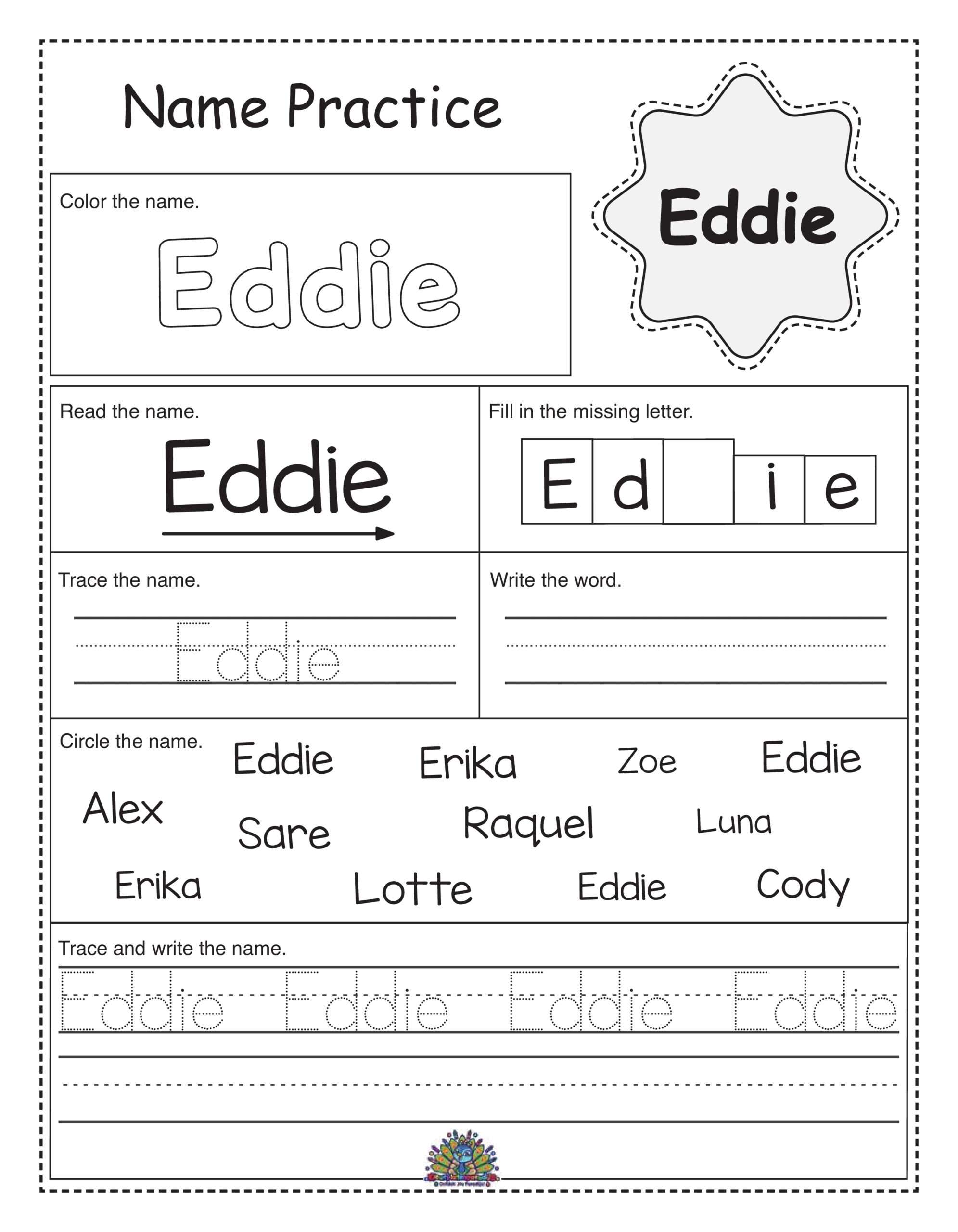 Educatief werkblad met de naam Eddie – met opdrachten voor kleuren, lezen, invullen en schrijven. Perfect voor kleuters en beginnende schrijvers.