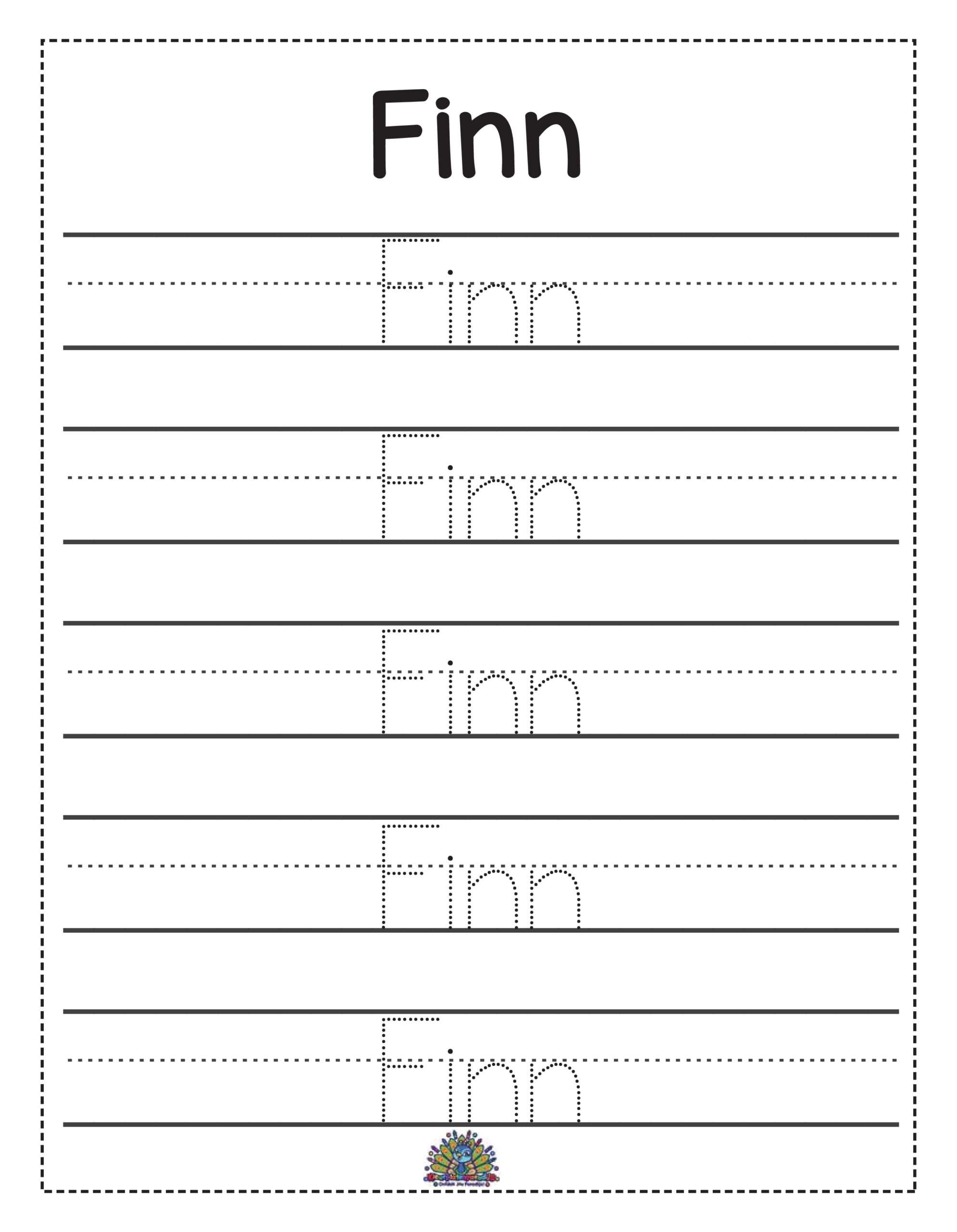 Gratis oefenblad om de naam Finn te leren schrijven met stippellijnen. Perfect voor beginnende schrijvers in groep 1 en 2.