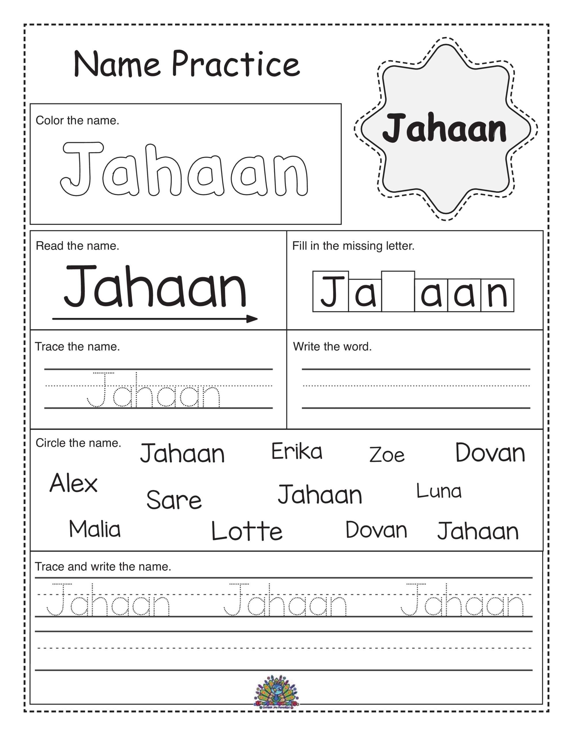 Gratis werkblad om de naam Jahaan te leren schrijven. Inclusief inkleuren, stippellijnen en naamherkenning.