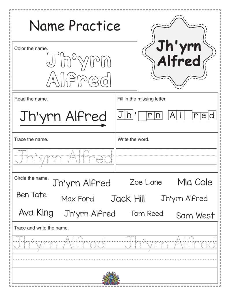 Educatief werkblad om de naam Jh’yrn Alfred te leren schrijven. Inclusief letters inkleuren, schrijven, invullen, herkennen en naamspelletjes.