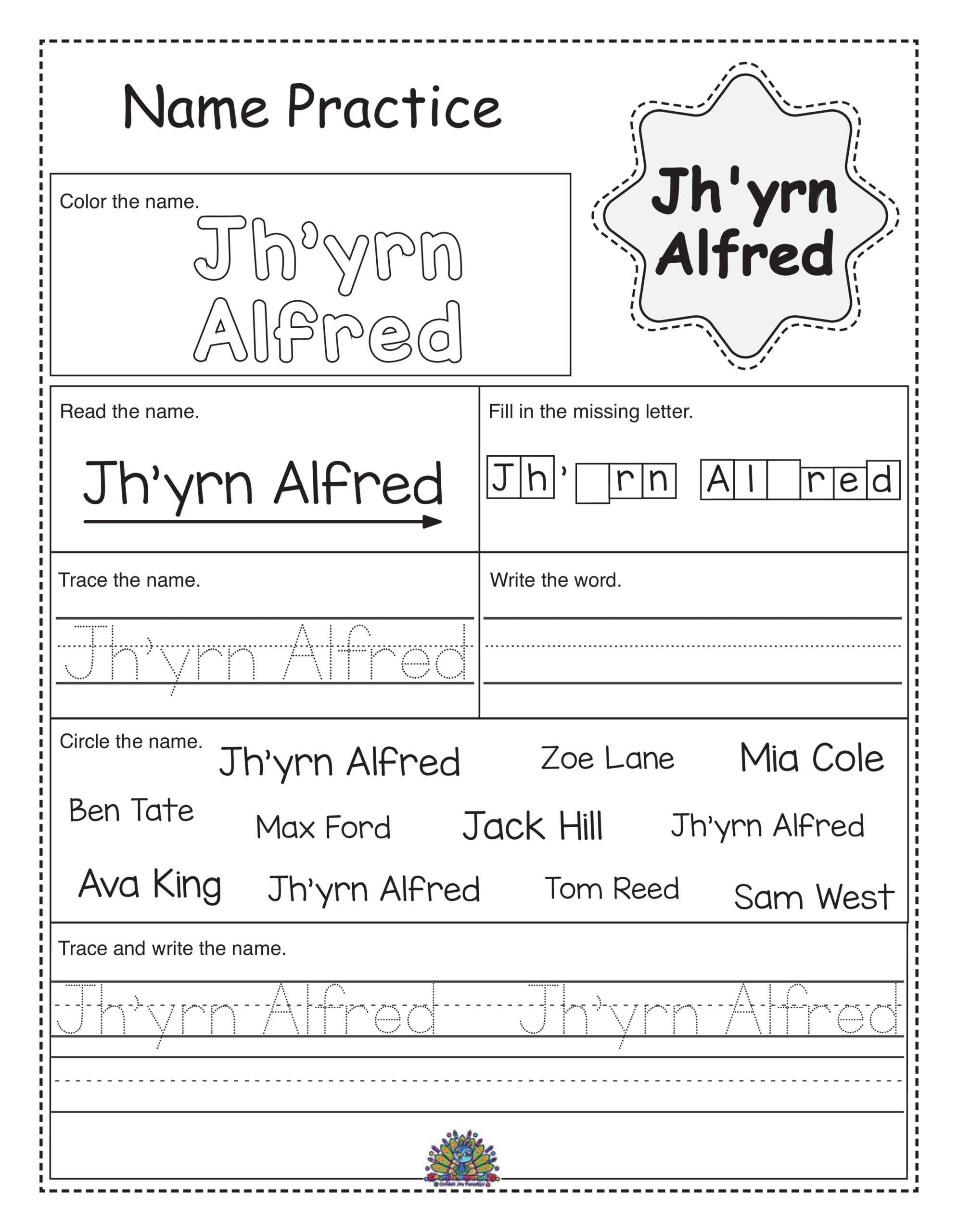 Educatief werkblad om de naam Jh’yrn Alfred te leren schrijven. Inclusief letters inkleuren, schrijven, invullen, herkennen en naamspelletjes.