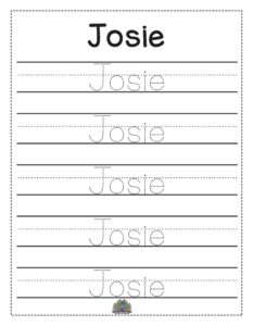 Werkblad met schrijflijnen en de naam Josie in stippellijn-lettertype om over te trekken en de schrijfmotoriek te oefenen.