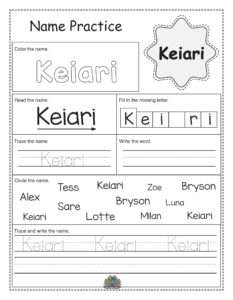 Werkblad voor kinderen om de naam Keiari te oefenen door overtrekken en schrijven.