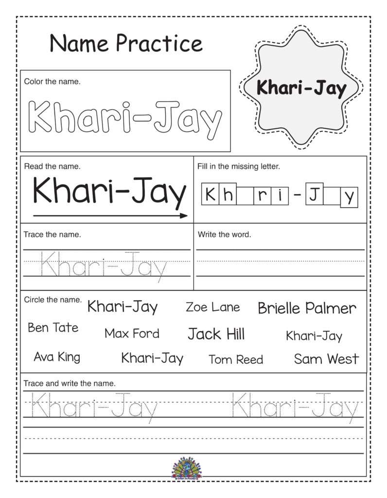 Werkblad voor kinderen om de naam Khari-Jay te oefenen door overtrekken en schrijven.